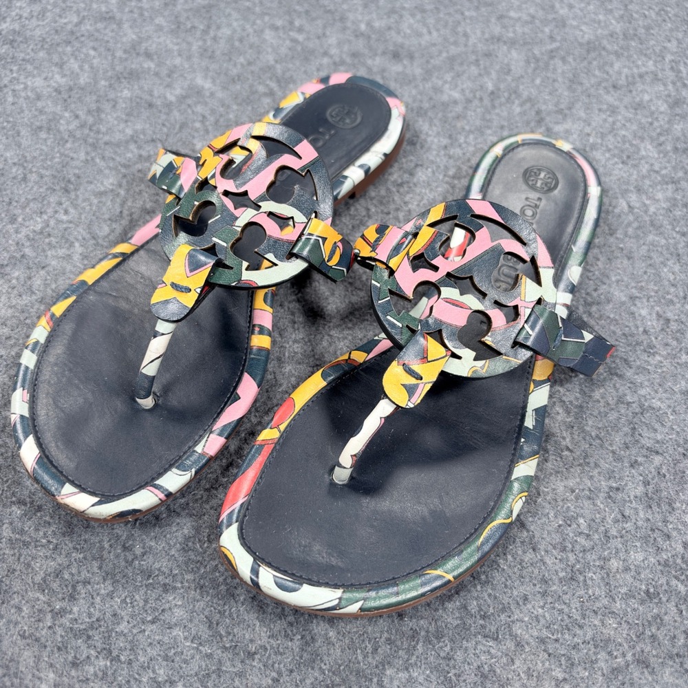 Tory Burch Miller Sandals Multi Color Abstract Logo Thong Flat 7M 75709